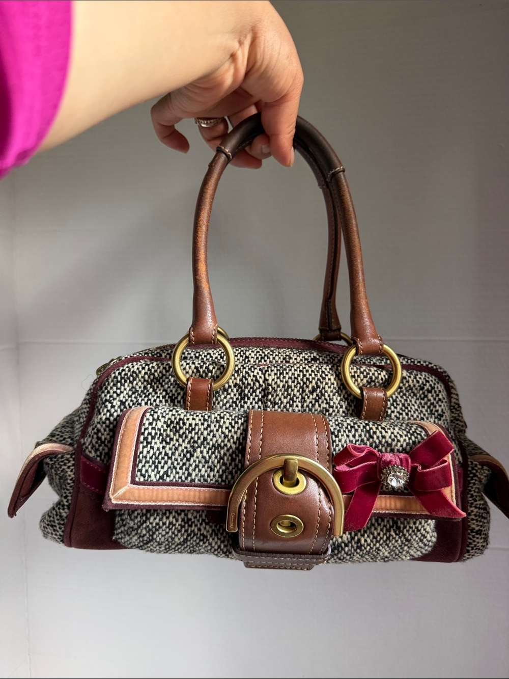 RARE Y2K Coach Soho Tweed Satchel Bag Burgundy Velvet Bow Vintage 8F03
